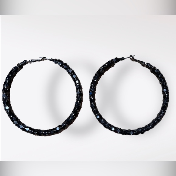 Large 3” Art Deco GLAM Gunmetal Black Hoop Earrings - Picture 2 of 2
